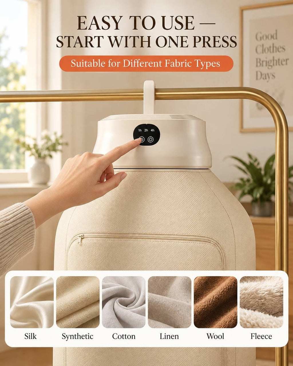 Feature photo showing a hand pressing the control button on the dryer unit, with fabric type icons for silk, synthetic, cotton, linen, wool, and fleece.