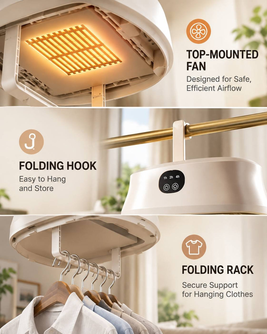 Feature breakdown showing the top-mounted heating fan, folding hanging hook, and retractable internal clothing rack.