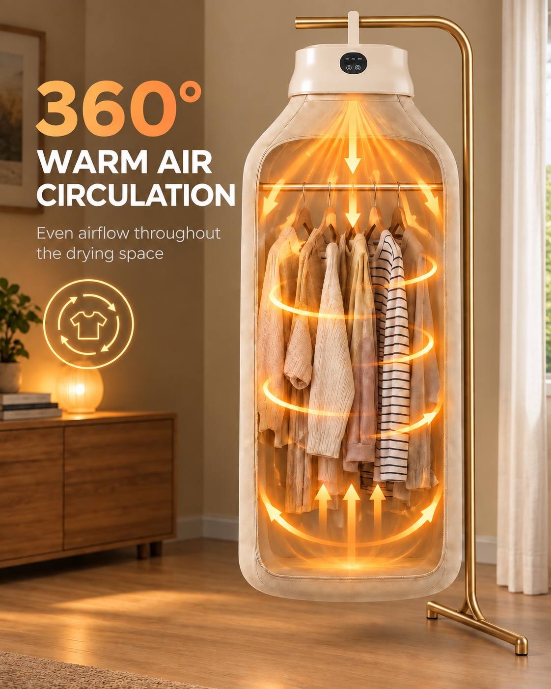 Lifestyle feature graphic illustrating 360-degree warm air circulation evenly drying clothes hanging inside the fabric pod.