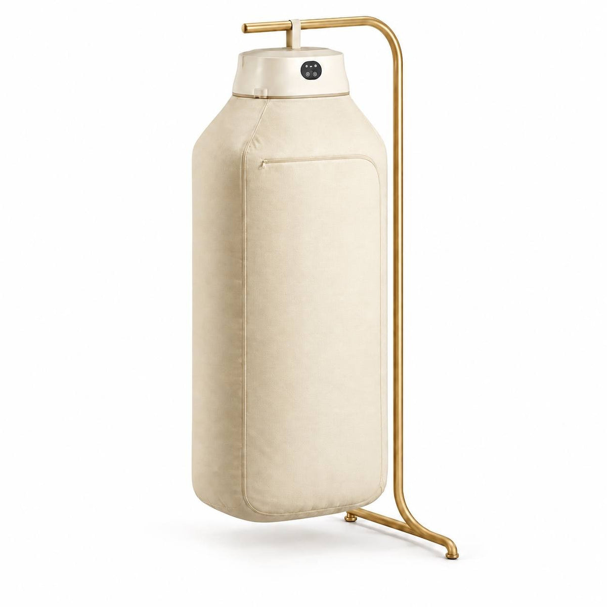 Studio product photo of a cream/beige portable clothes drying pod hanging on a curved gold-finish metal floor stand.