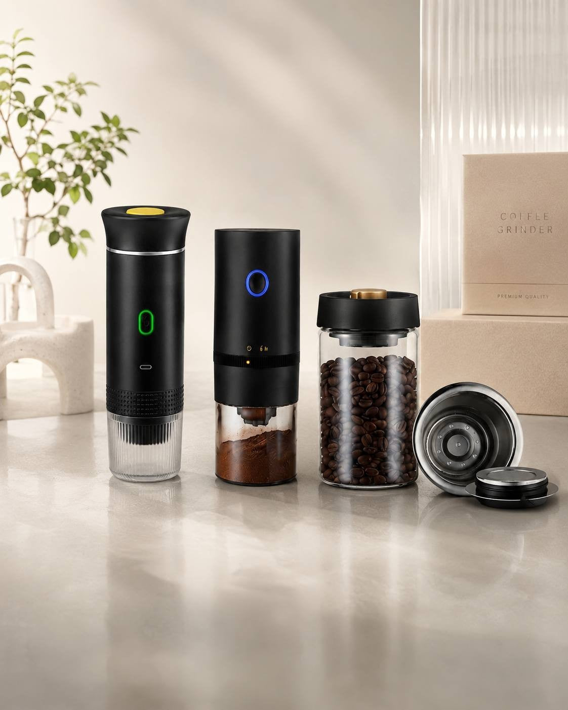 Portable coffee brewing set including a coffee maker, manual grinder, and glass bean container on a clean marble surface.