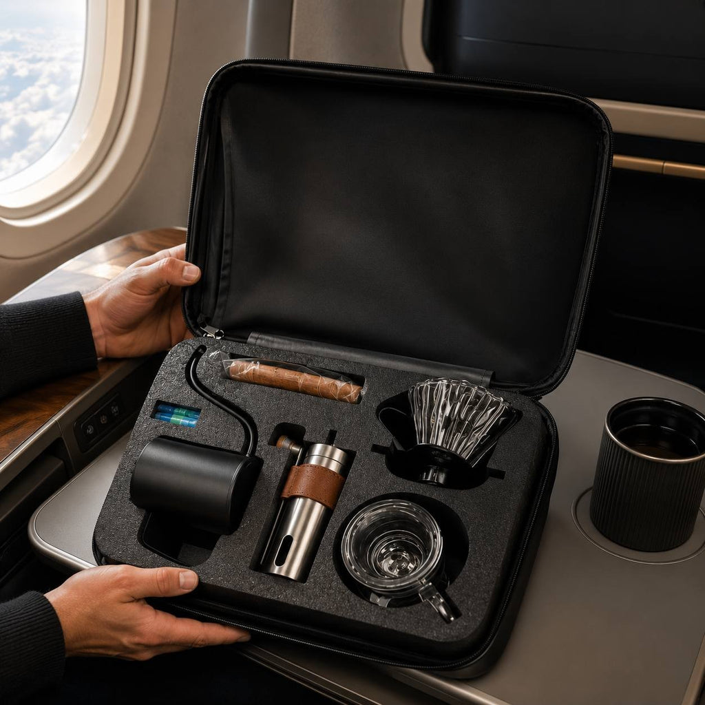 Person holding an open travel case containing a manual coffee grinder, dripper, and cup inside an airplane cabin.