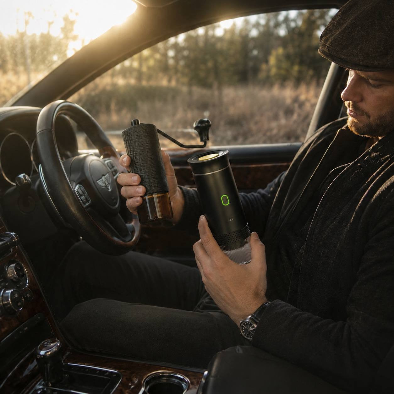 Person using a portable manual coffee grinder and coffee maker inside a car for brewing coffee while traveling