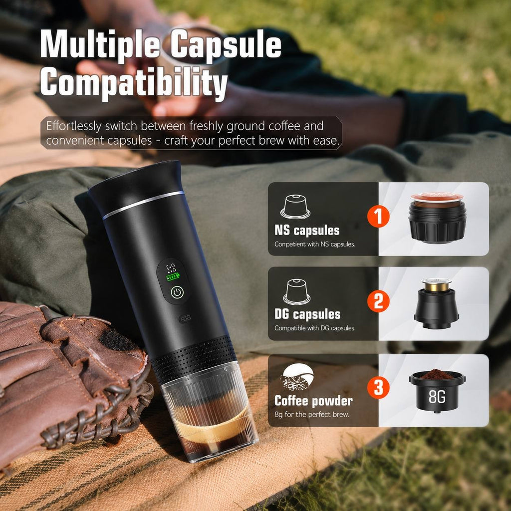 Universal portable coffee maker compatible with various capsule types and ground coffee for easy brewing.