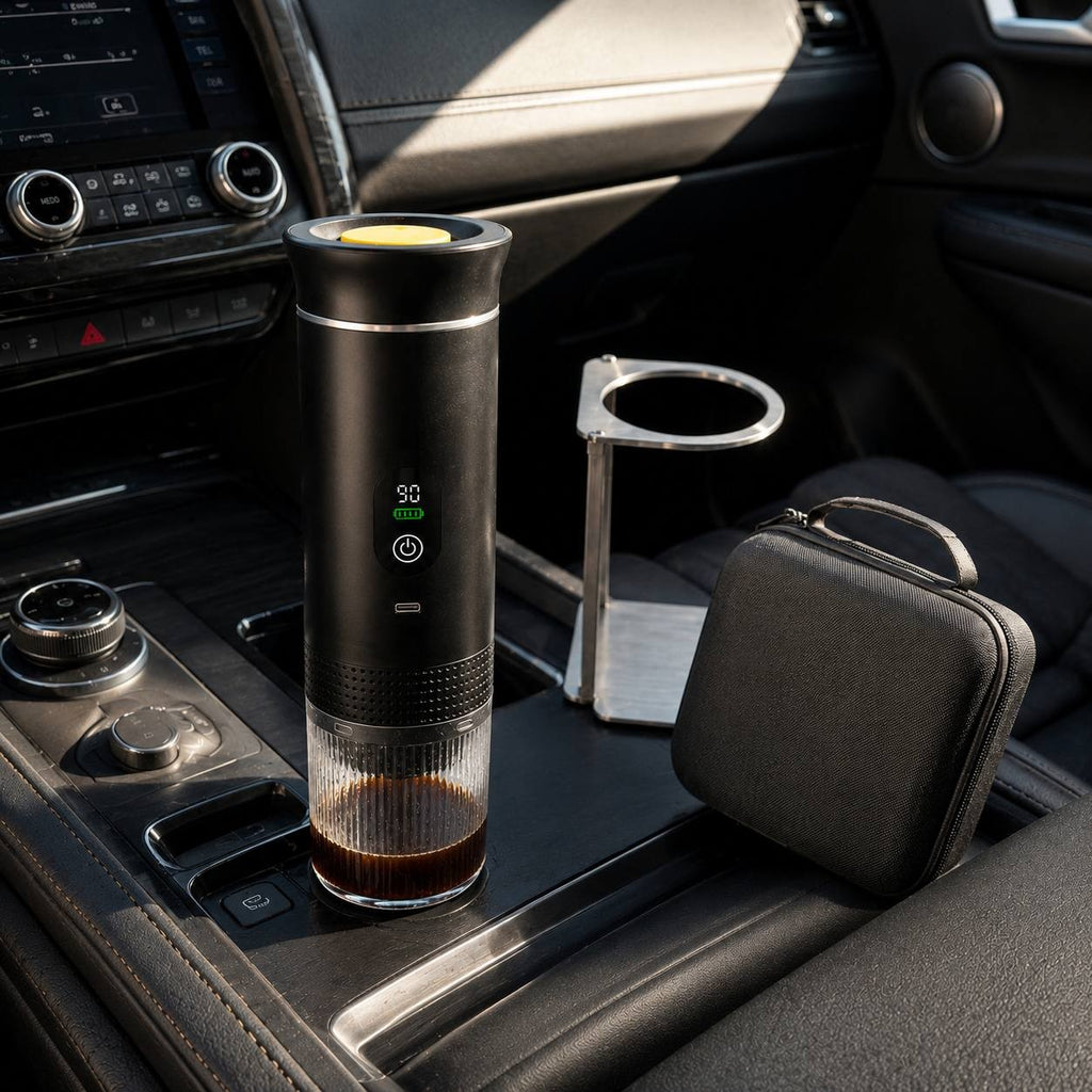 Portable electric espresso maker with travel stand and carrying case set up in a car.