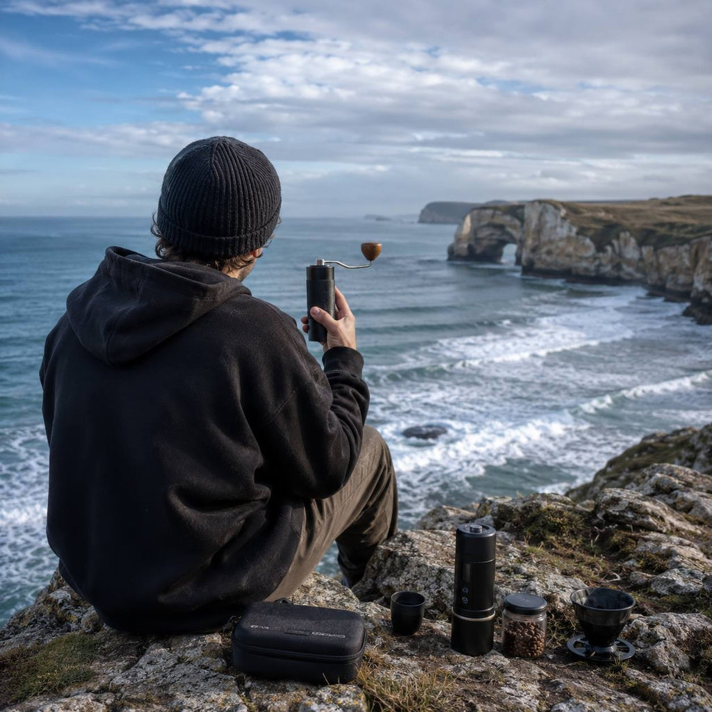 Person holding a portable hand coffee grinder while overlooking the ocean with a coffee maker kit and beans nearby.