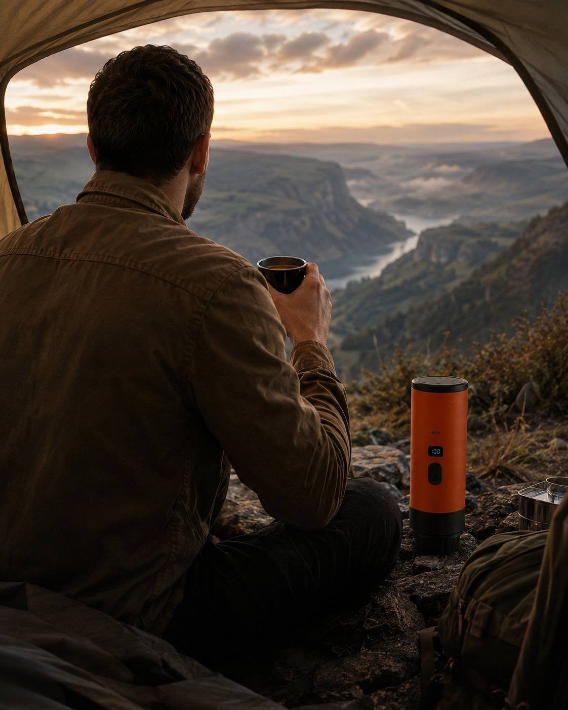 Man drinking coffee from a mug inside a tent overlooking a scenic mountain river valley at sunset with a portable espresso maker nearby.
