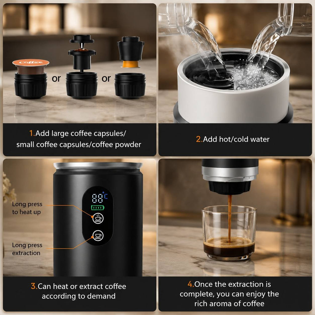 Four-panel instructional graphic demonstrating how to add coffee, add water, heat or extract, and serve coffee using a portable espresso maker.