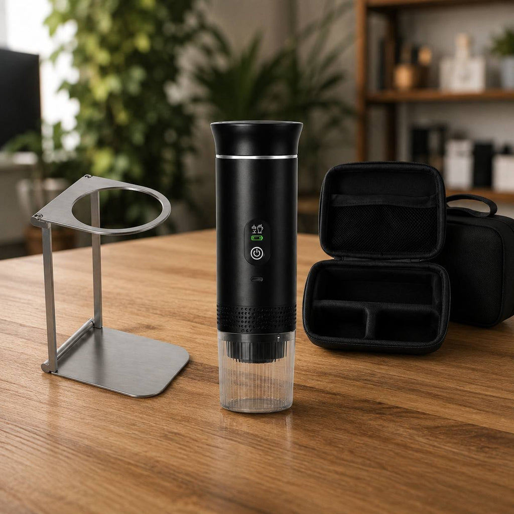 A portable espresso maker standing on a wooden table, displayed with its foldable stainless steel stand and protective carrying case.