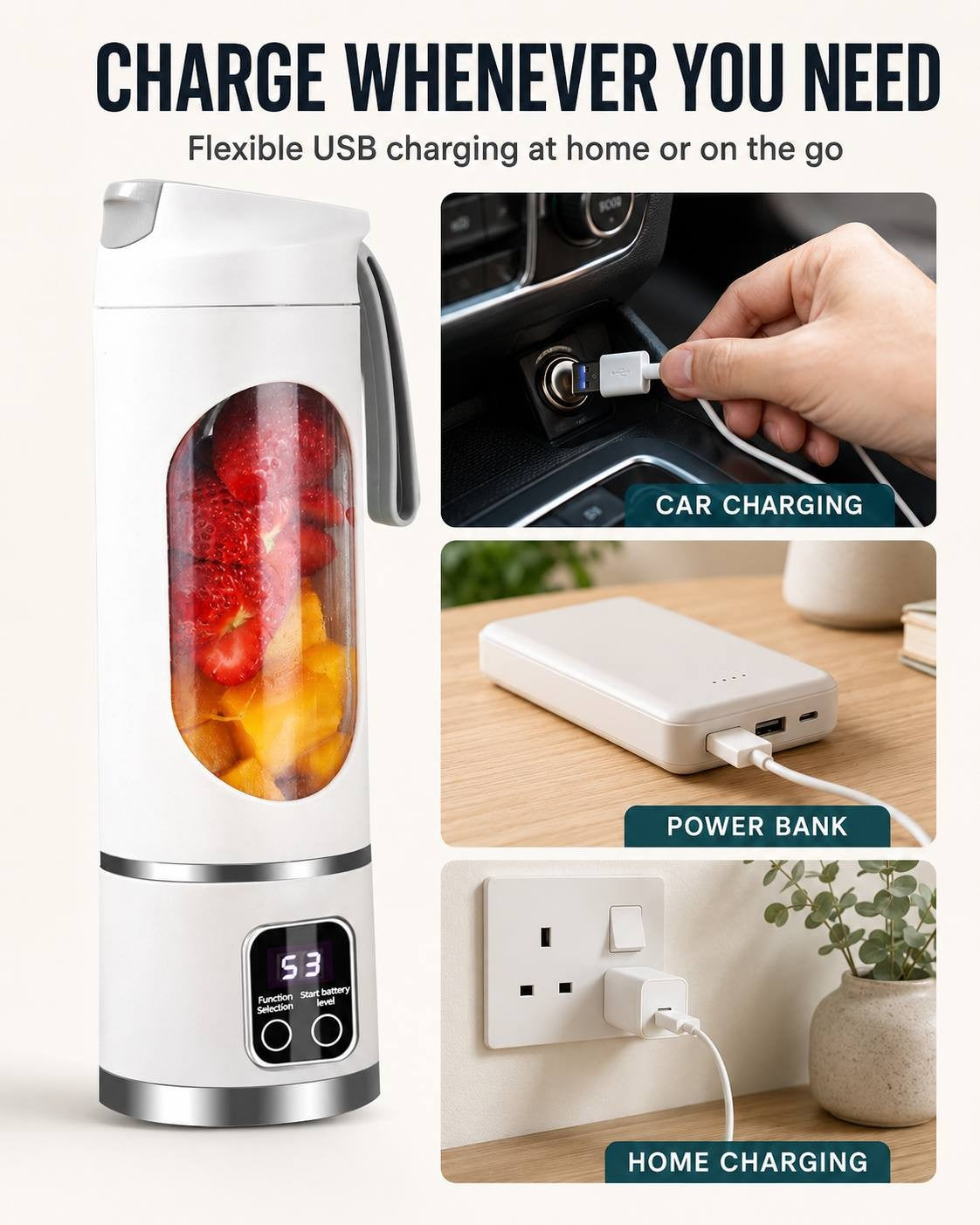 An infographic showing flexible USB charging options for a white portable cordless blender, including car charging via a cigarette lighter adapter, charging with a power bank, and home charging using a wall adapter.