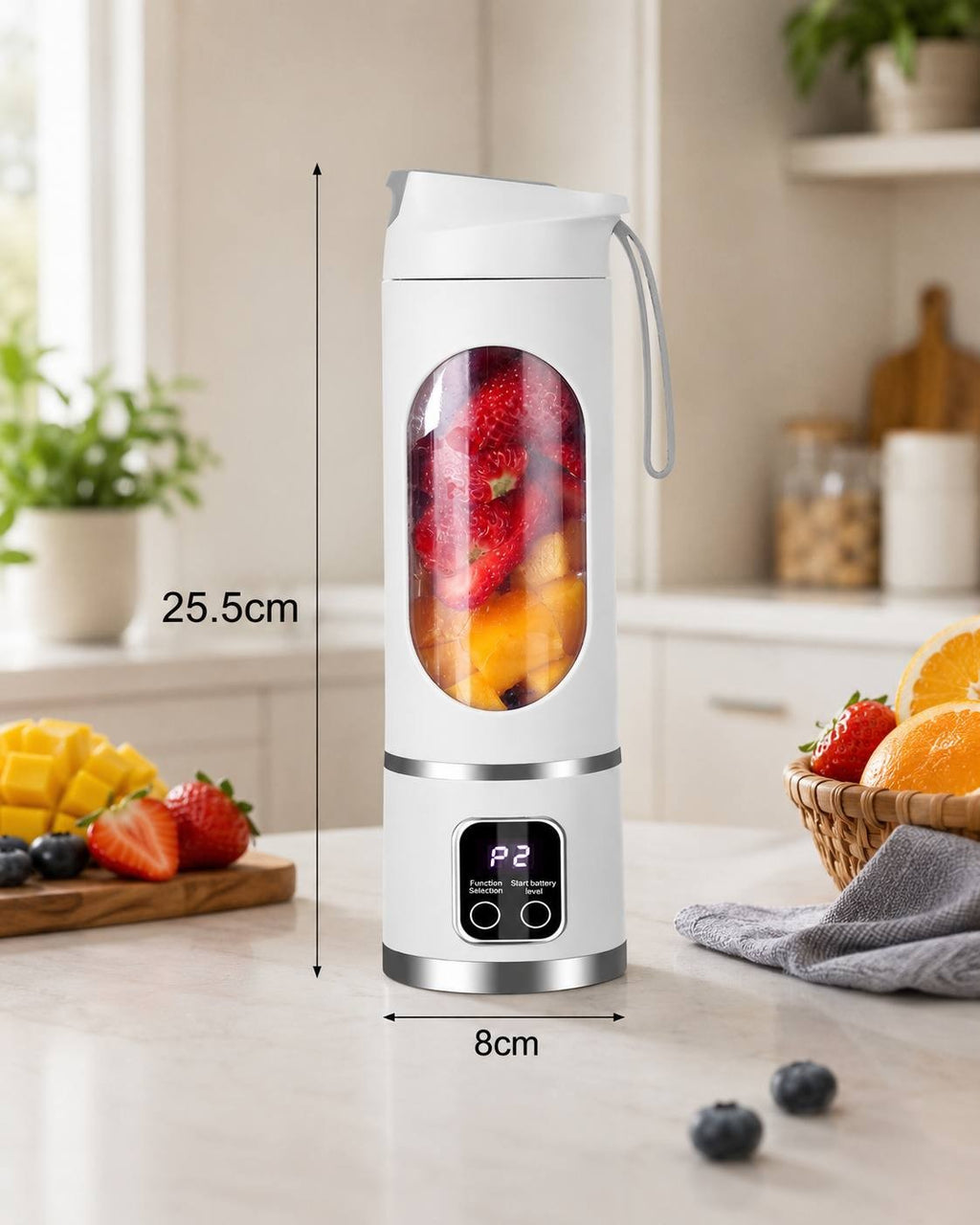 An informational product image displaying the dimensions of a white portable cordless blender, showing a height of 25.5 cm and a base width of 8 cm on a kitchen table.