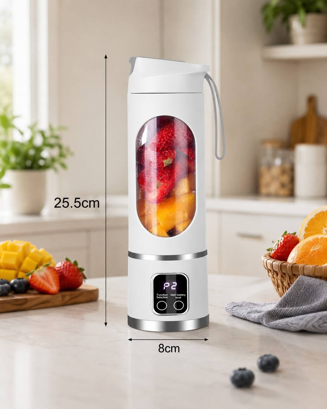 An informational product image displaying the dimensions of a white portable cordless blender, showing a height of 25.5 cm and a base width of 8 cm on a kitchen table.