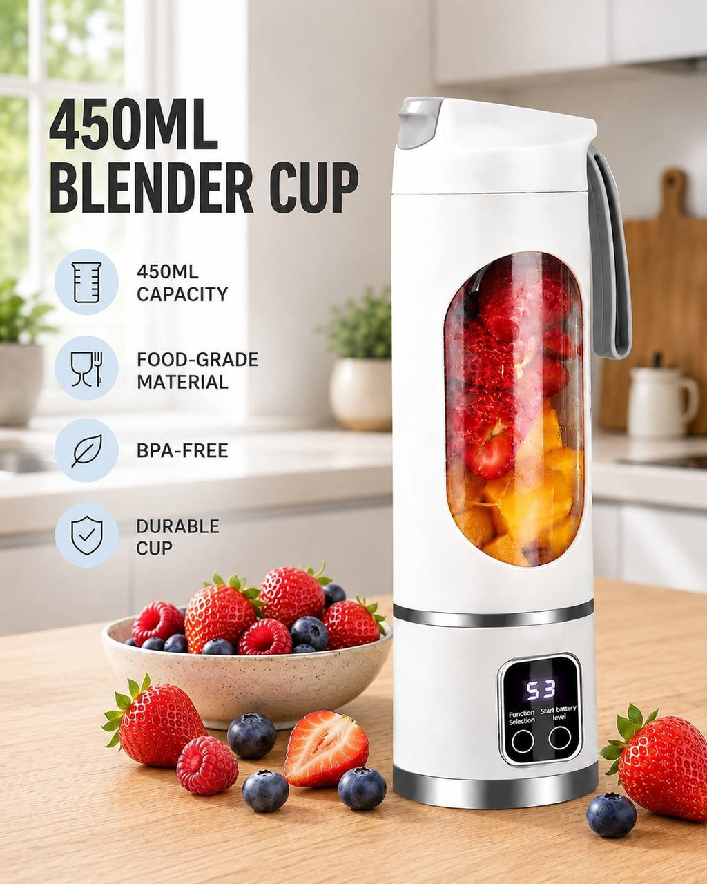 A product feature image for a white portable cordless blender highlighting a 450ml capacity, food-grade material, BPA-free construction, and a durable cup design next to a bowl of fresh berries.