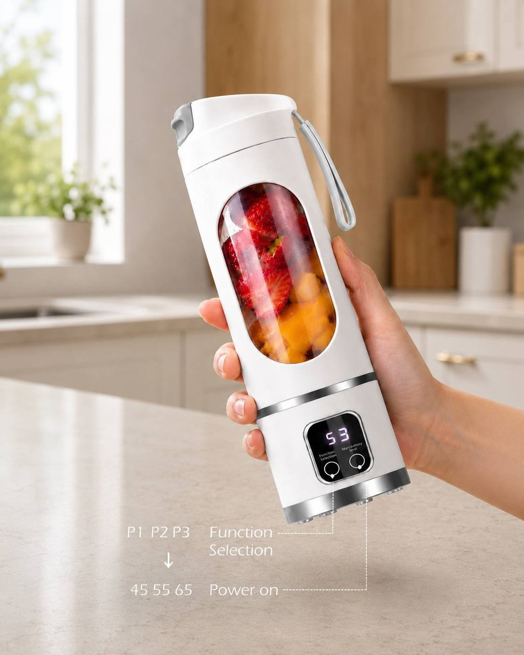 A person holding a white portable cordless blender showing its digital LED display panel with function selection options (P1, P2, P3) and power buttons on a kitchen background.