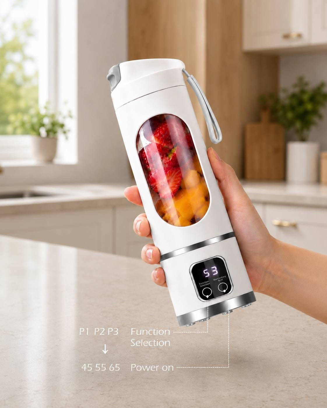 A person holding a white portable cordless blender showing its digital LED display panel with function selection options (P1, P2, P3) and power buttons on a kitchen background.