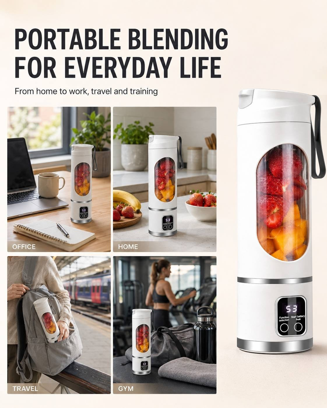 An informational banner showing a white portable cordless blender in various everyday lifestyle settings: on an office desk, a home kitchen counter, packed inside a travel backpack, and placed in a gym bag.