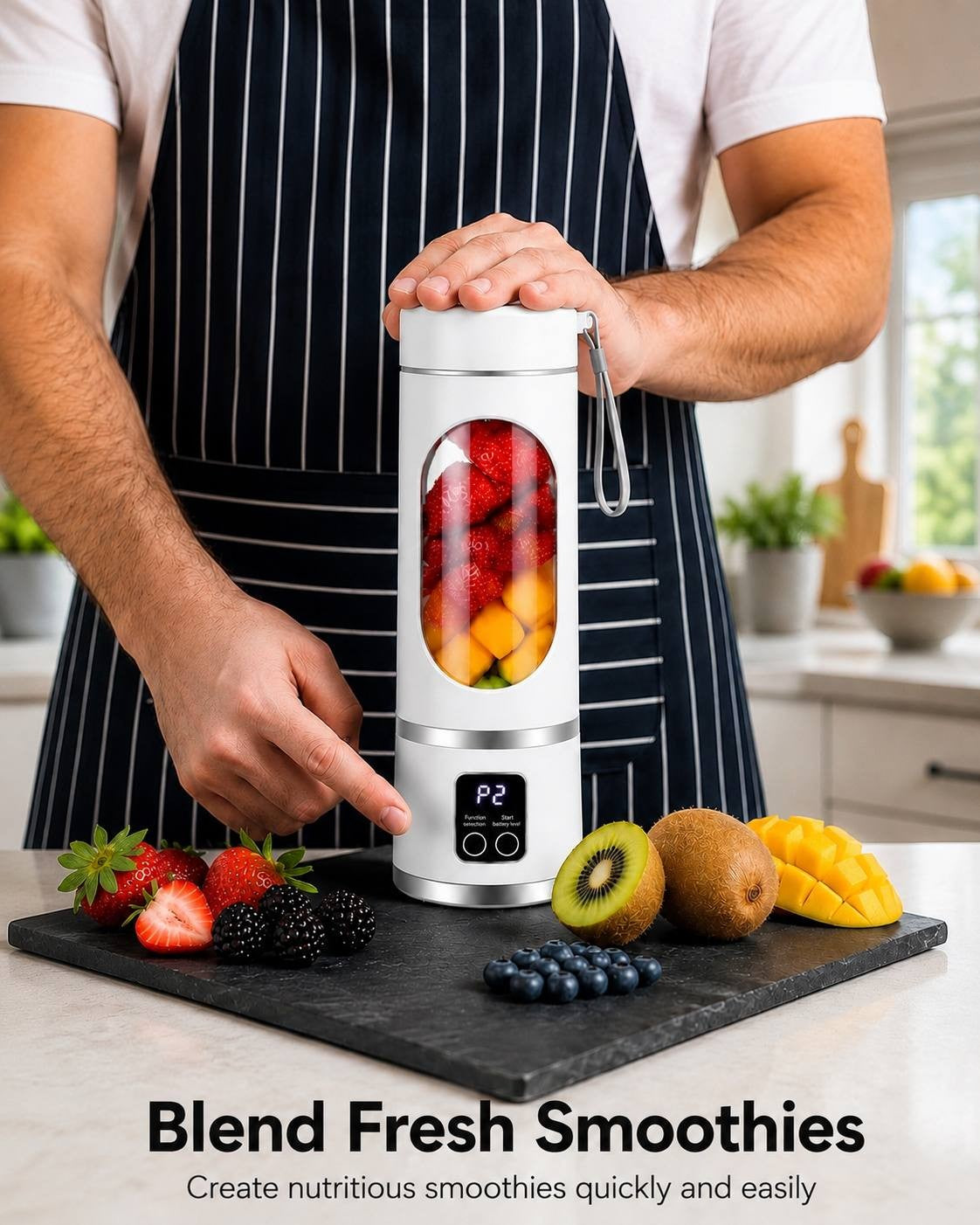 A person wearing a striped apron operating a white portable cordless blender filled with strawberries and mango on a kitchen counter surrounded by fresh fruit.