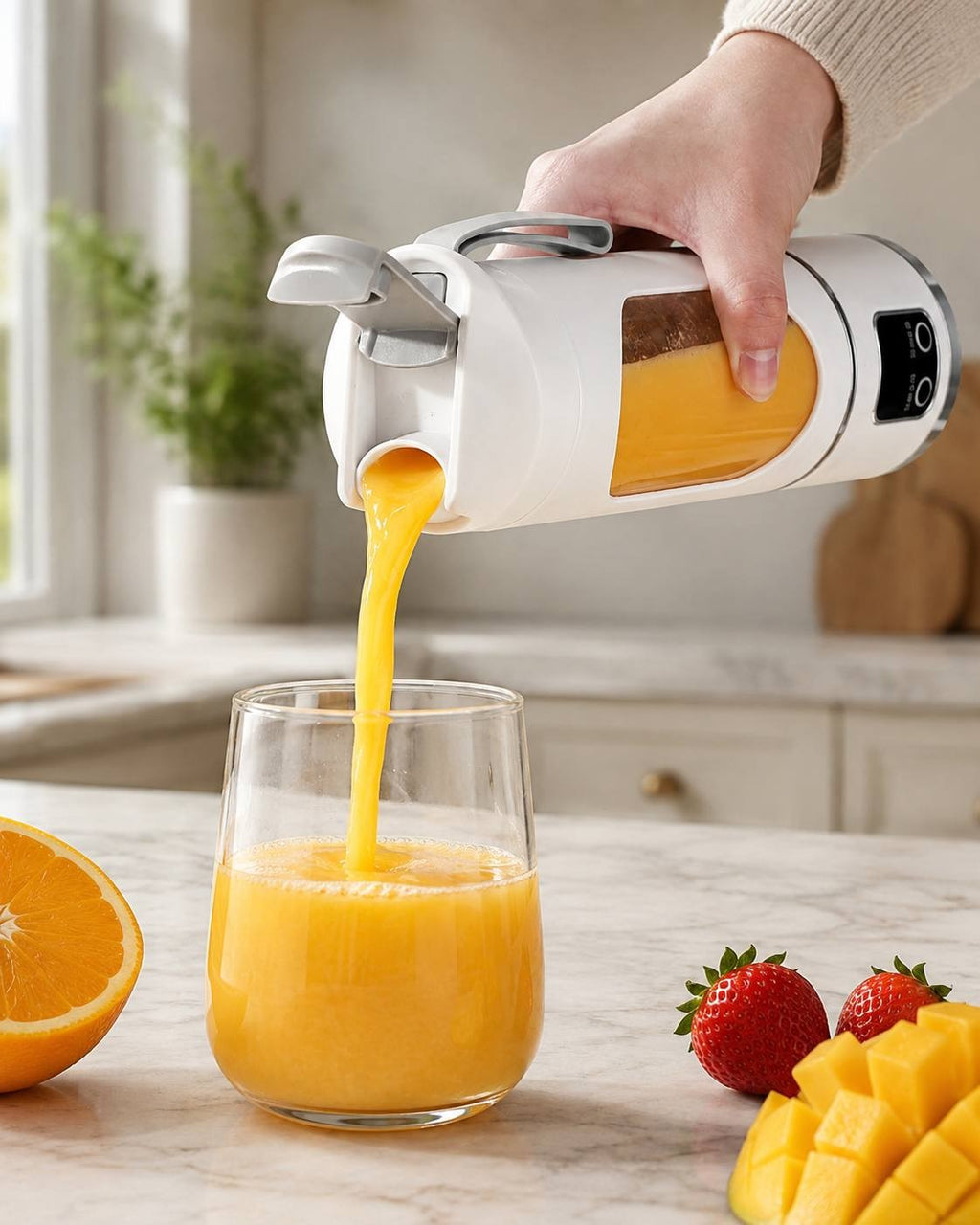 A person pouring freshly blended bright orange juice from a white portable cordless blender into a clear glass tumbler on a marble kitchen counter.
