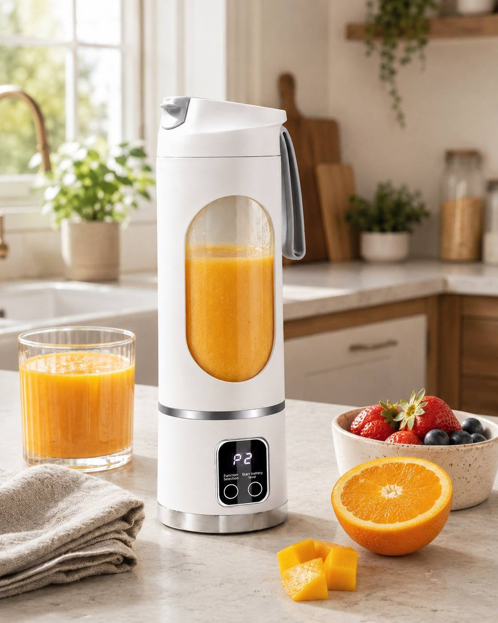 A white portable cordless blender with orange juice positioned on a kitchen table next to a glass of juice, halved oranges, sliced mango, and a bowl of mixed berries.
