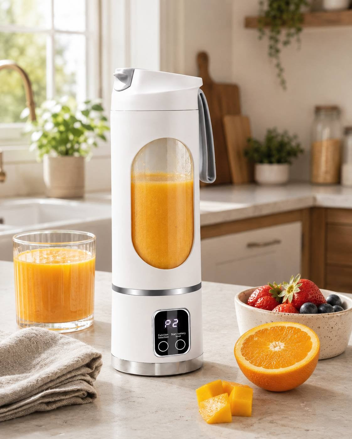 A white portable cordless blender with orange juice positioned on a kitchen table next to a glass of juice, halved oranges, sliced mango, and a bowl of mixed berries.