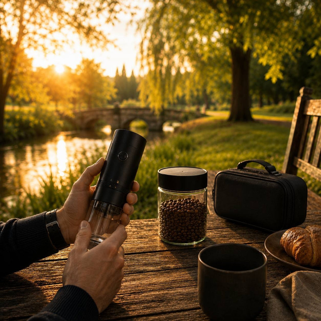 Person holding a portable electric coffee grinder at a wooden table outdoors during sunset with coffee beans and a travel case.