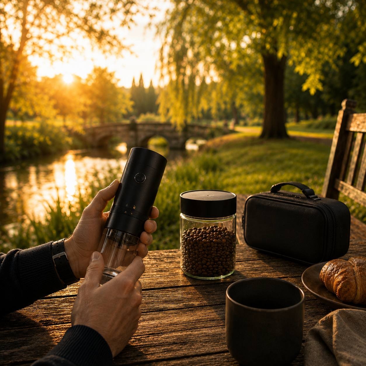 Person holding a portable electric coffee grinder at a wooden table outdoors during sunset with coffee beans and a travel case.