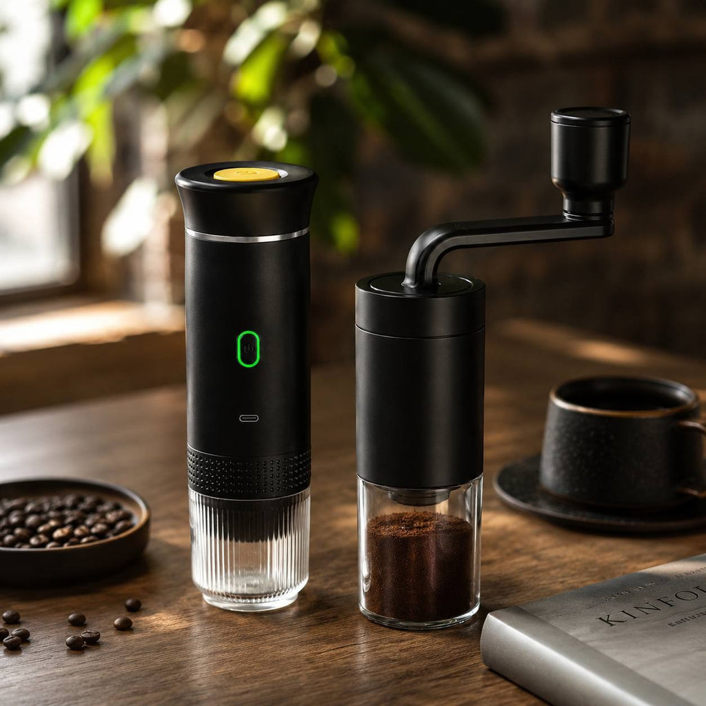 Cozy indoor wooden table setup with a portable electric espresso maker, manual coffee grinder with ground coffee, and scattered coffee beans.