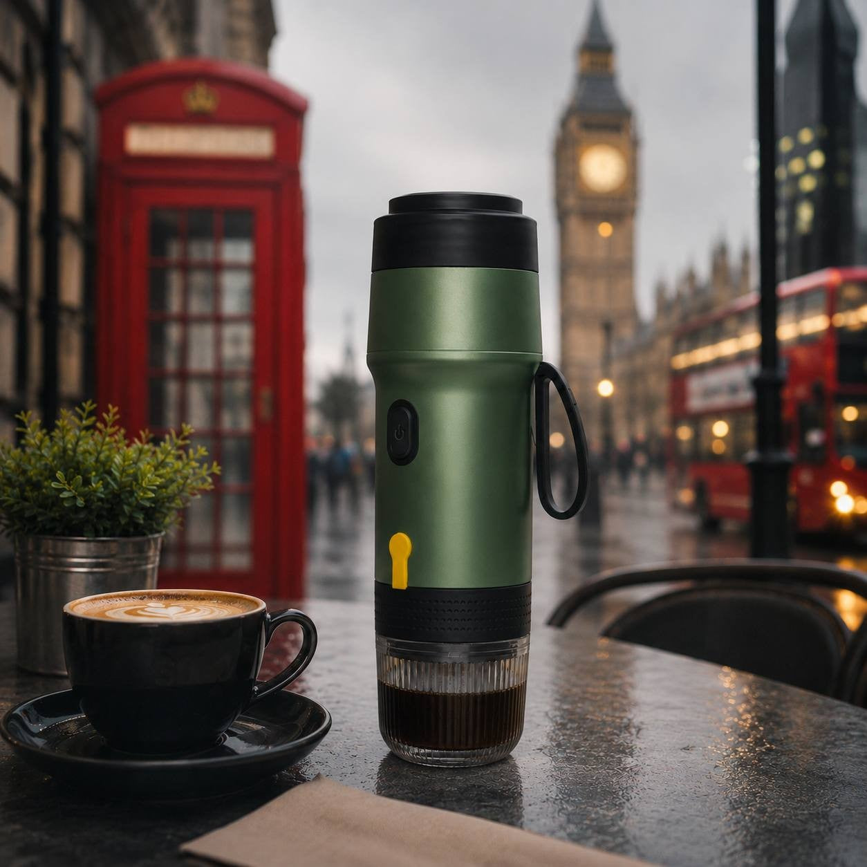 Olive green portable electric espresso machine on a cafe table next to a cup of latte with a blurred London background featuring a red telephone box and Big Ben.