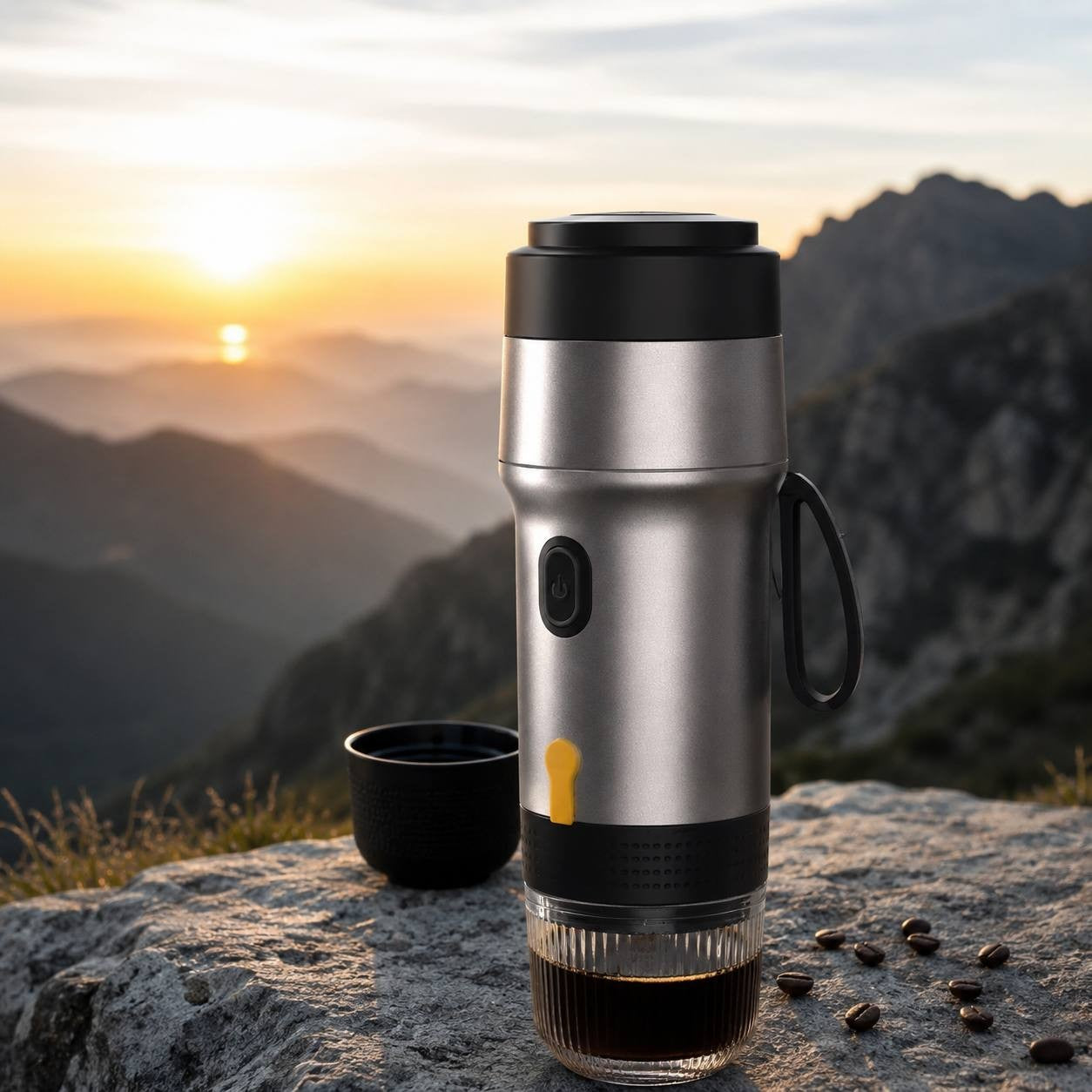 Compact silver travel espresso maker placed on a high mountain peak next to coffee beans with a sunset horizon background