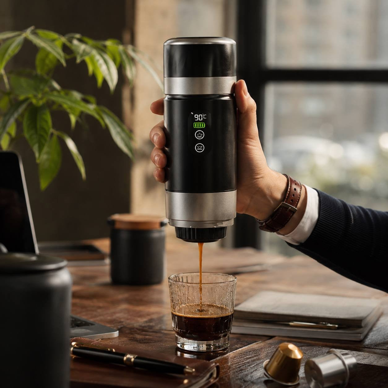 A person holding a portable electric espresso maker with a digital screen showing 90°C, brewing coffee into a glass with capsules on the wooden desk.