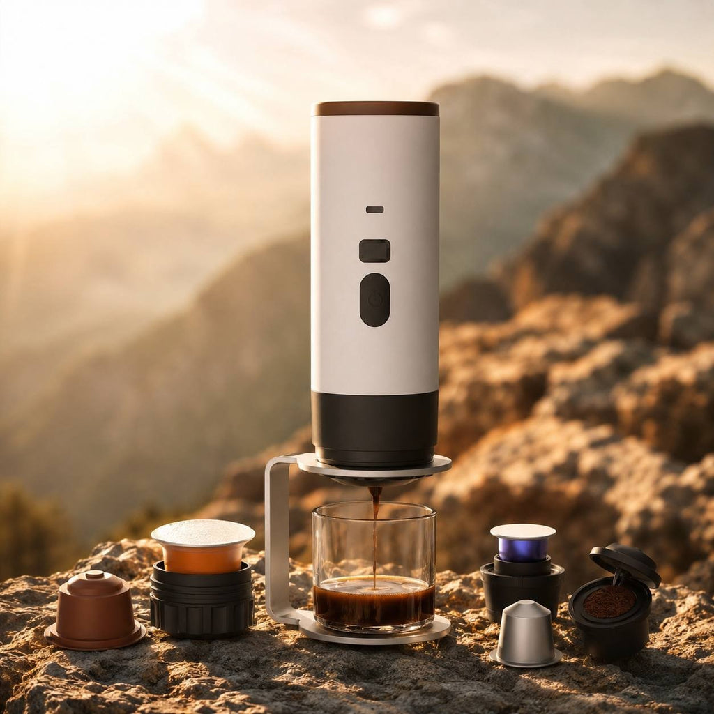 White portable electric espresso machine on a silver stand brewing coffee from capsules with a scenic mountain background.