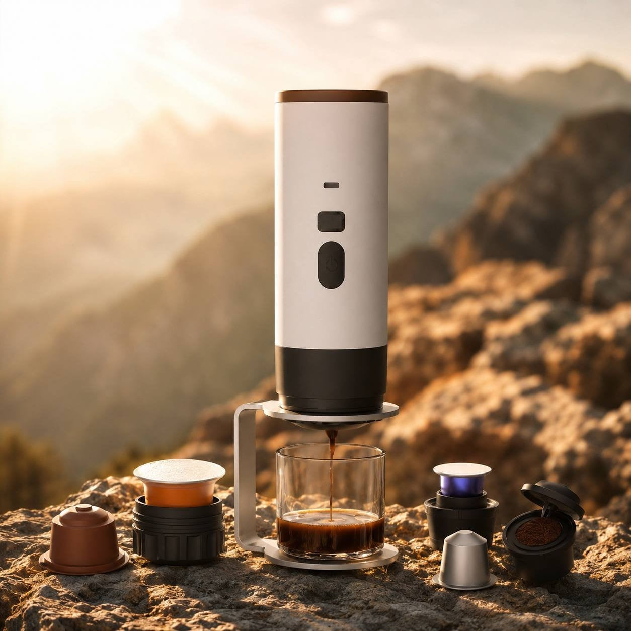 White portable electric espresso machine on a silver stand brewing coffee from capsules with a scenic mountain background.
