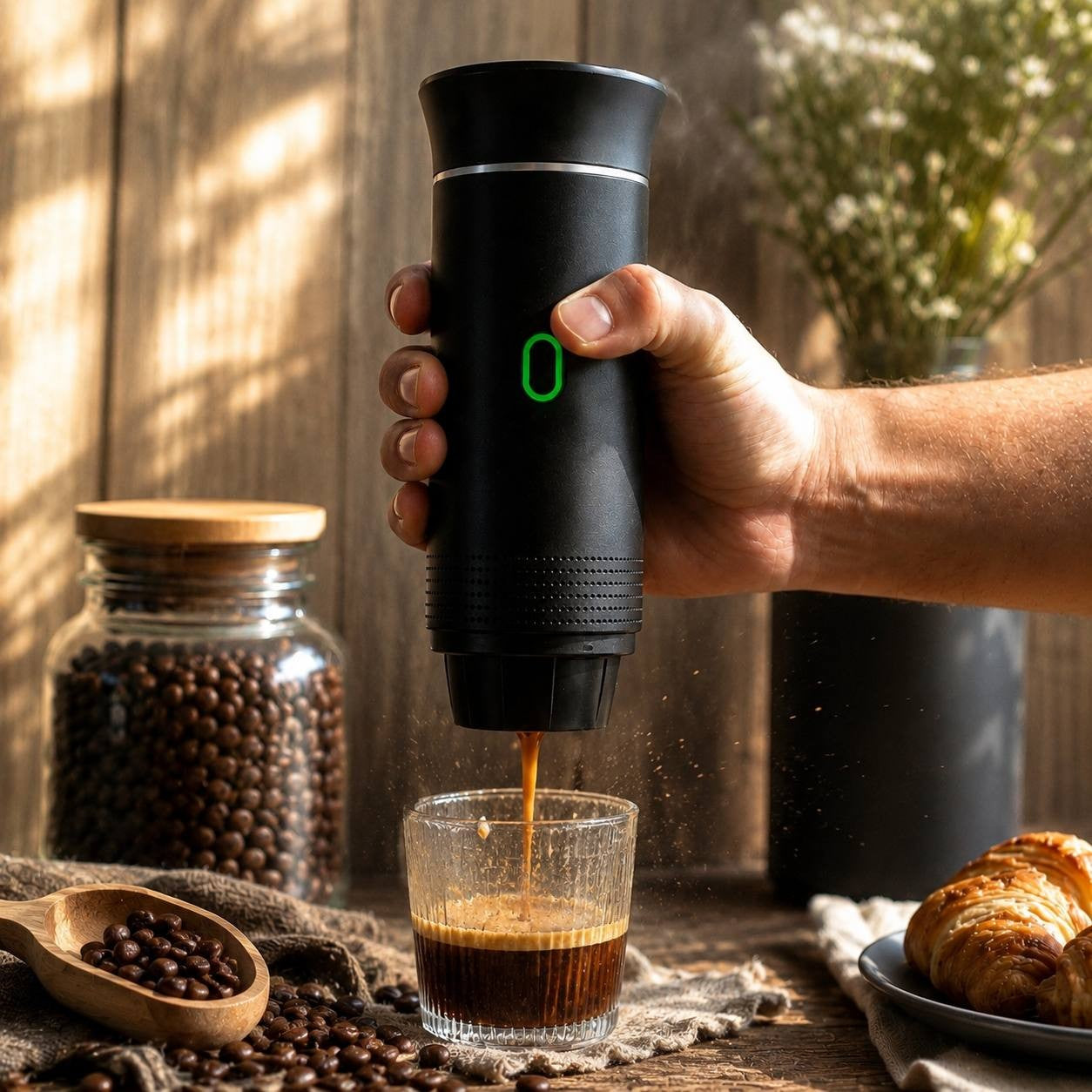 Hand holding a black portable electric espresso maker with an ABS plastic body brewing fresh coffee with cream into a glass.