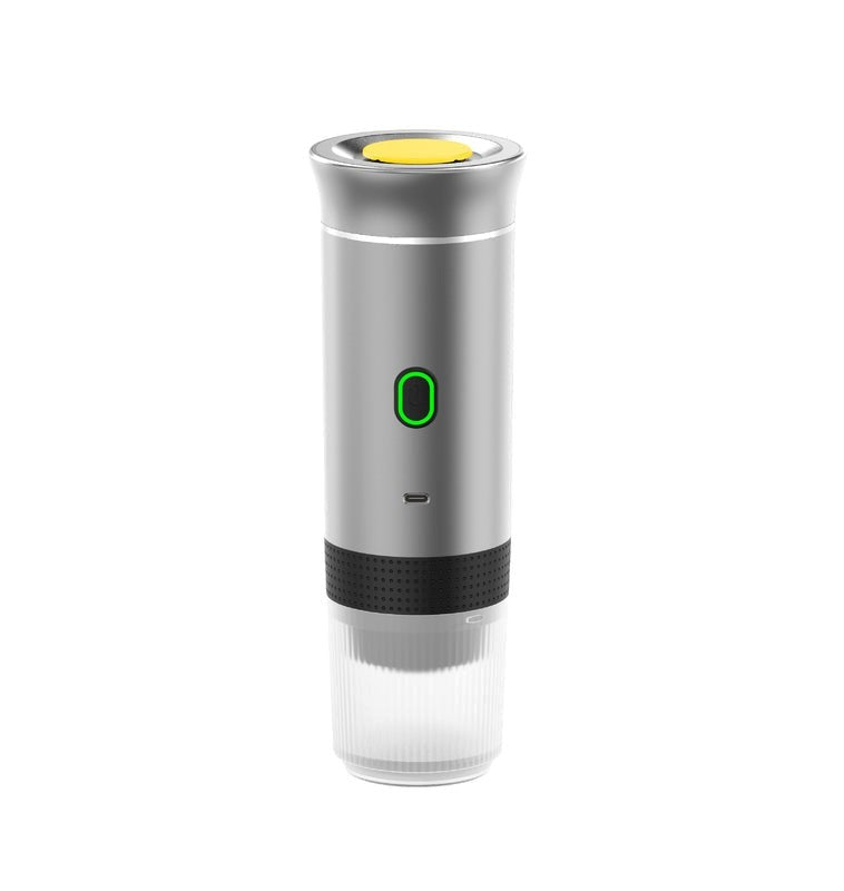 Metallic silver travel espresso maker automatic portable machine
