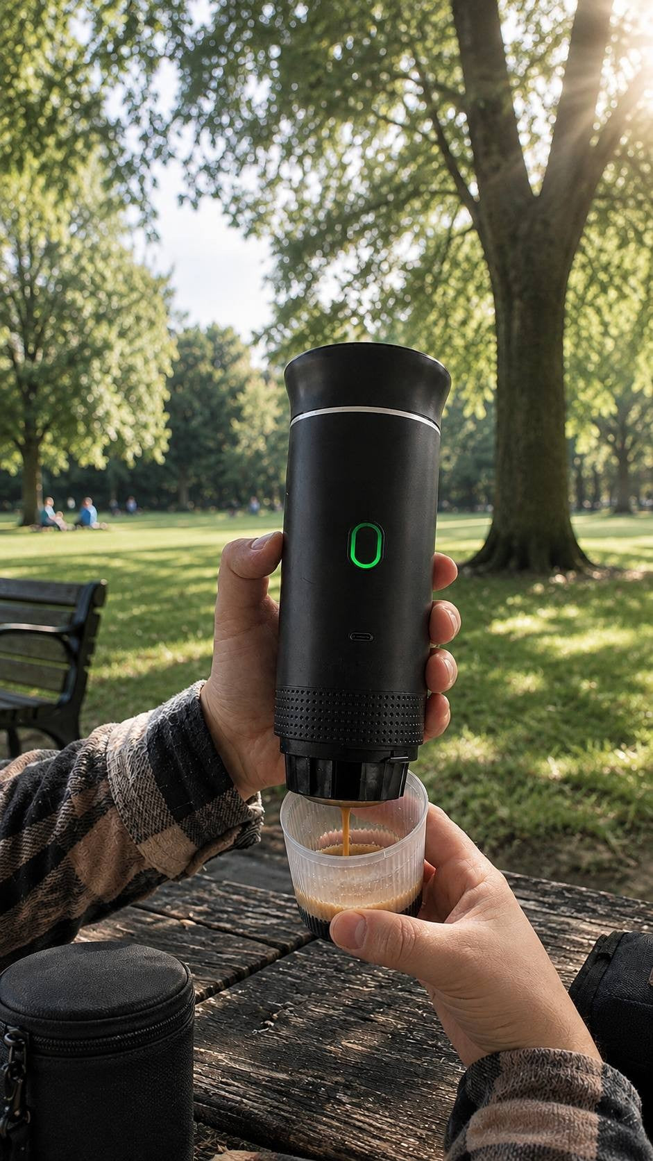 Close-up lifestyle photo of a person holding a black portable electric espresso maker and extraction pouring fresh coffee into a small cup in an outdoor park setting.