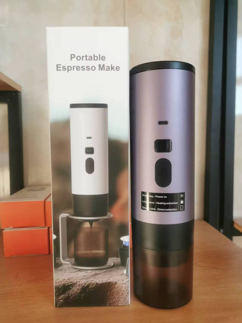 violet travel espresso machine showcasing its compact handheld design and Type-C charging port