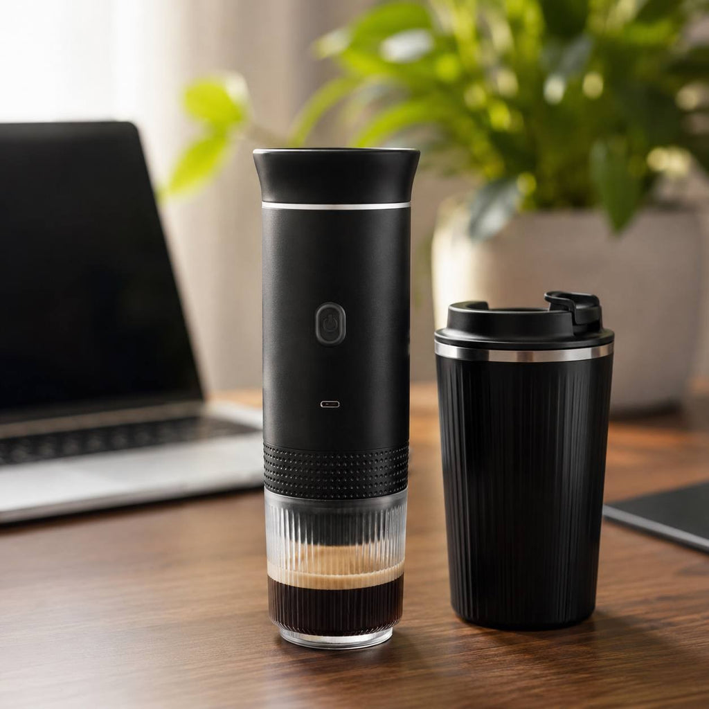 Portable black electric espresso maker with a clear bottom chamber showing brewed coffee cream, next to a matching black travel mug with a lid on a wooden office desk.