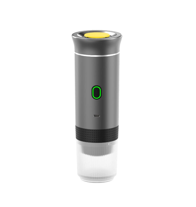 Gray portable espresso maker, compact 3-in-1 coffee machine on a clean white background.