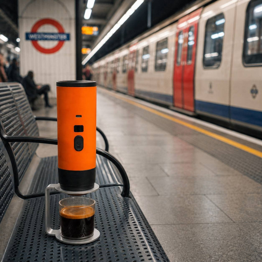 Compact orange travel espresso maker with a metal stand and a glass of espresso with rich crema on a train platform