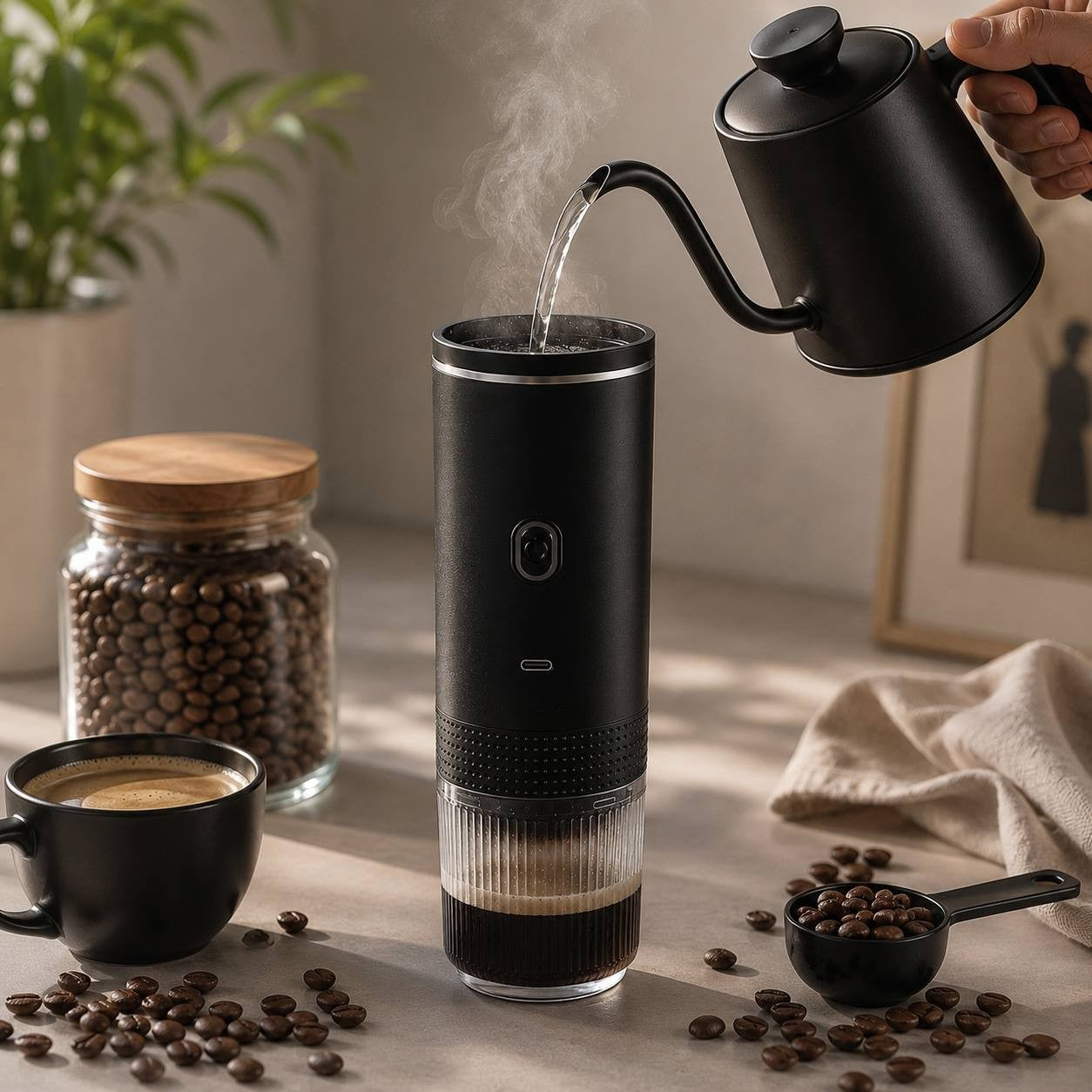 Portable coffee maker being filled with hot water for instant brewing.