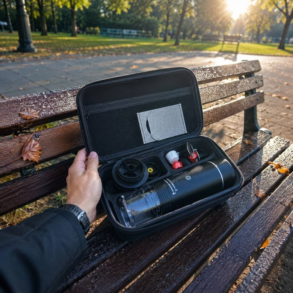 Portable espresso machine inside its protective travel carrying case, resting on a park bench.