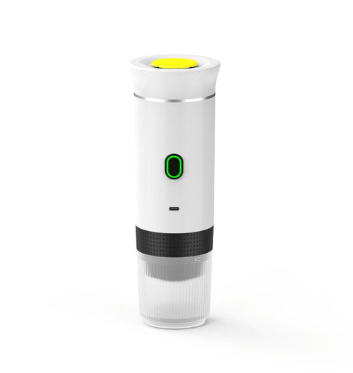 White portable espresso maker, compact 3-in-1 coffee machine on a clean white background.