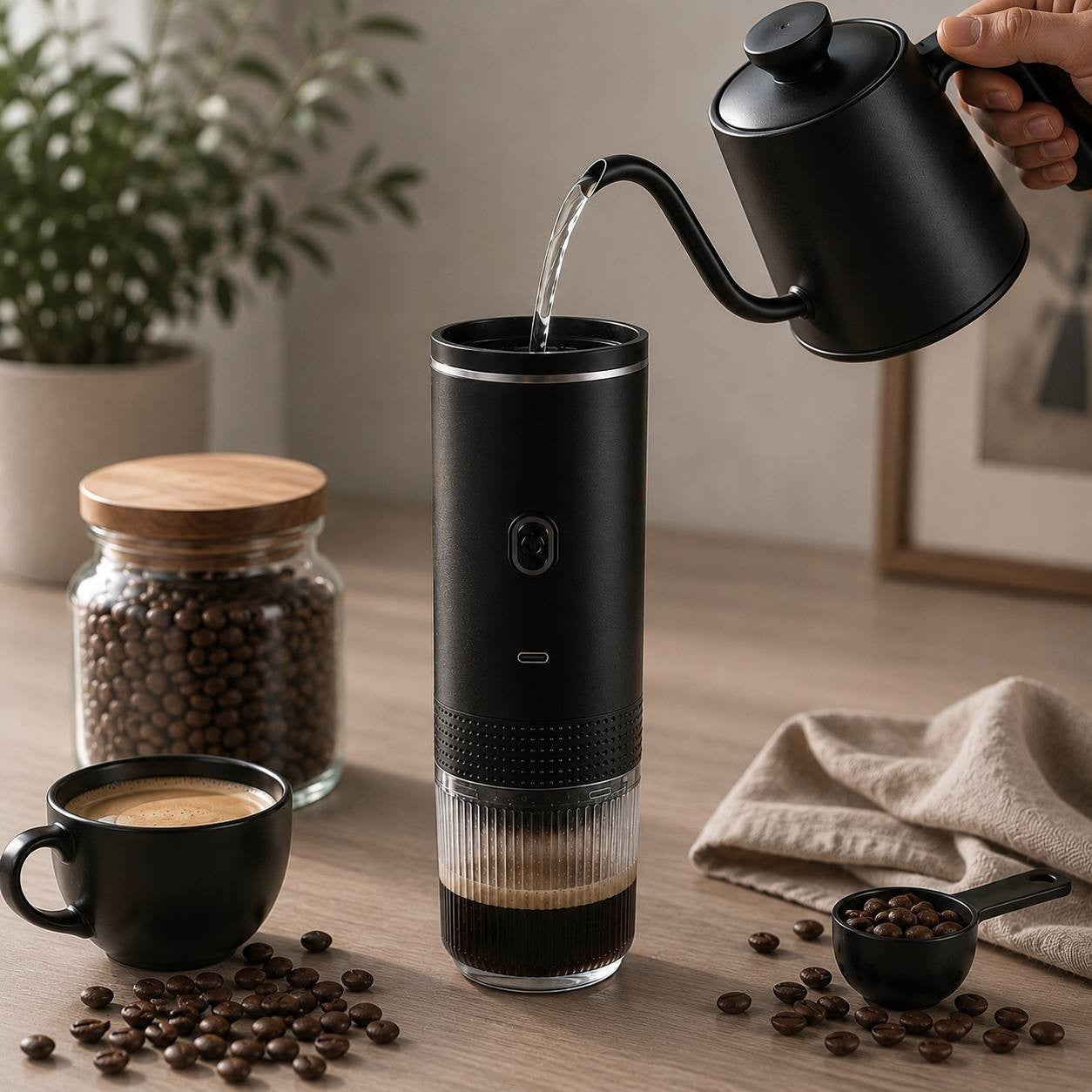 Portable coffee maker being filled with cold water for automatic heating