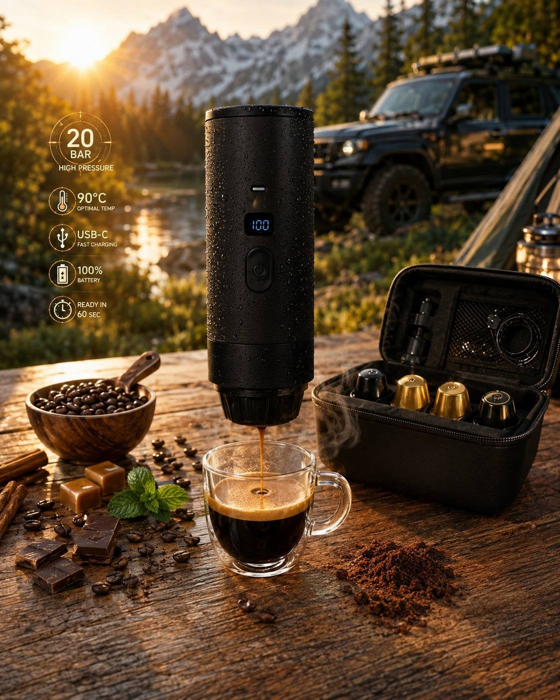 Gray portable espresso maker extracting coffee into a glass cup outdoors with a car and tent in the background.