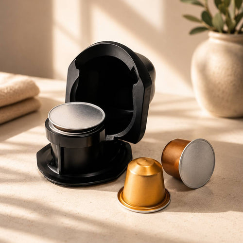 Black plastic coffee capsule adapter for a portable espresso maker shown open on a counter next to gold and bronze aluminum coffee pods.