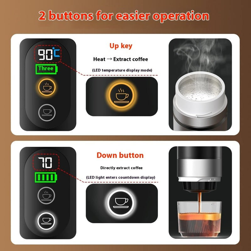 Portable espresso maker dual button control operation modes.