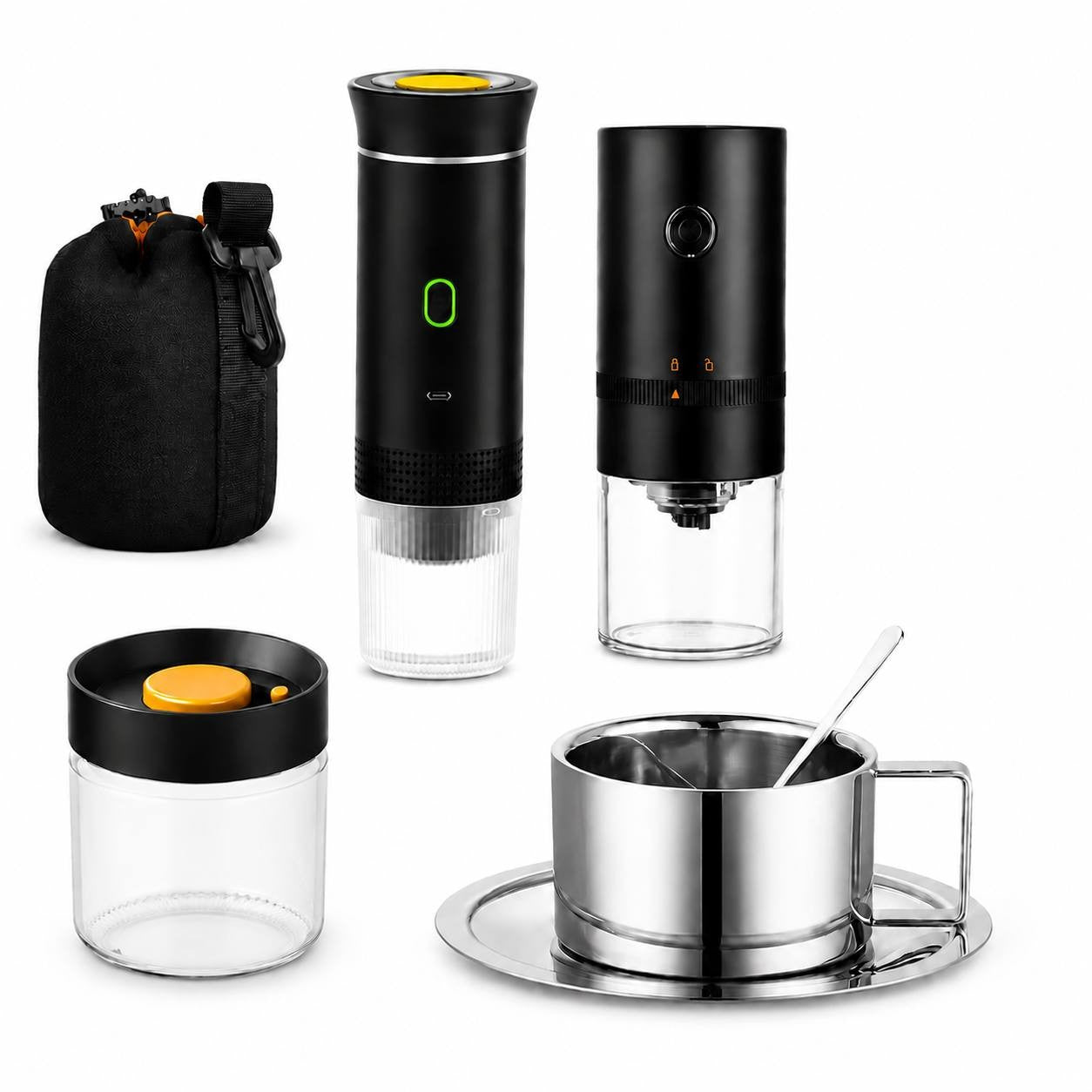 Portable espresso maker, electric coffee grinder, vacuum canister, metal cup with saucer, reusable metal capsule, and carrying case.