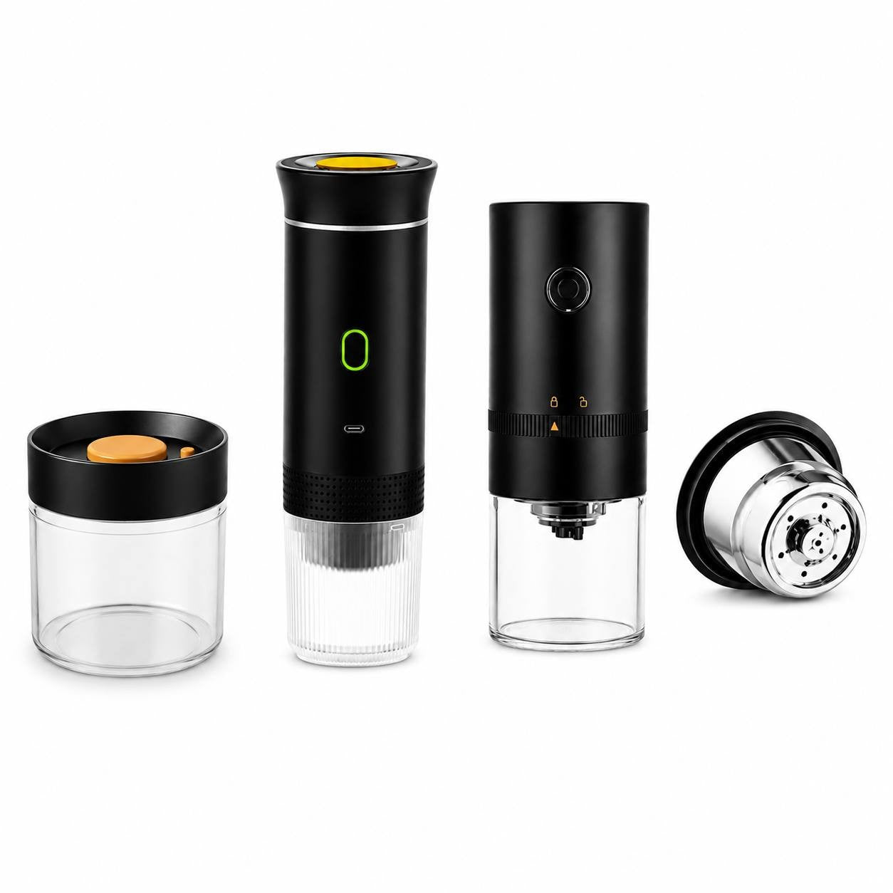 Portable espresso maker, electric coffee grinder, vacuum canister, and reusable metal capsule.