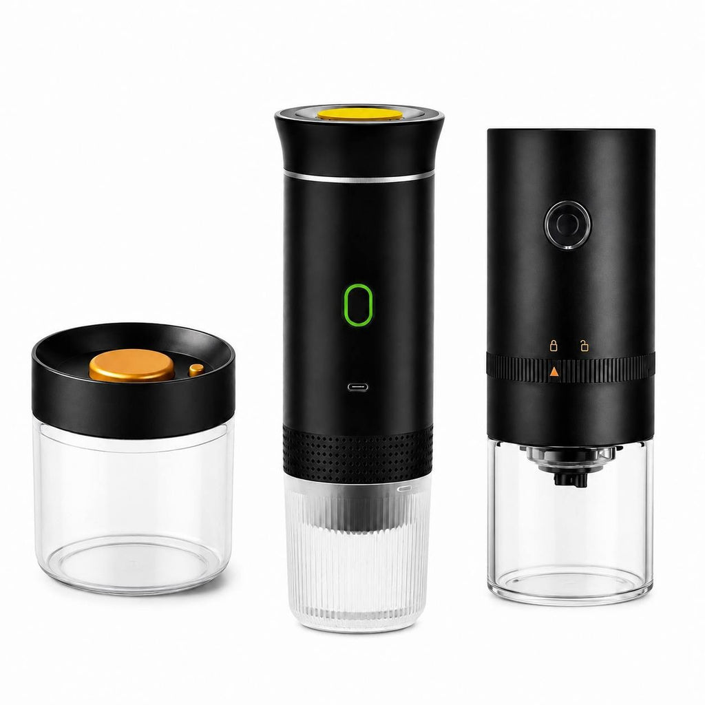 Portable espresso maker, electric coffee grinder, and vacuum canister.