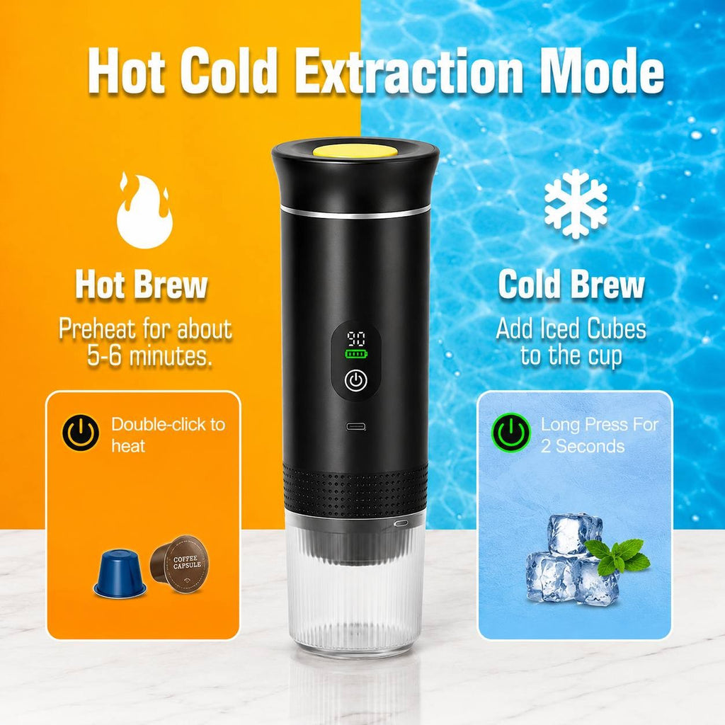 Portable coffee maker featuring hot brewing and cold extraction modes for versatile coffee preparation.